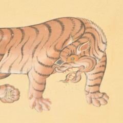 A tiger, painted in the style of Bhutan wall paintings against a yellow background