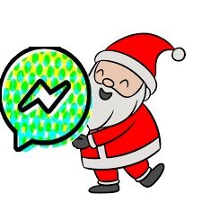 Cartoon Santa Claus, a white man with a white beard and a red hat and clothing, and Facebook Messenger for Kids logo, a green speech bubble with a white lightning bolt